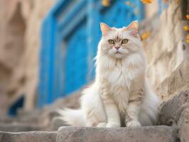 majestoso gato com impressionante azul olhos sentado regiamente em uma Escadaria ai generativo foto