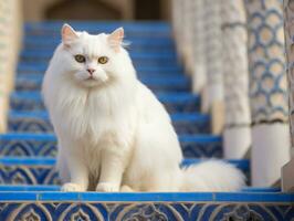 majestoso gato com impressionante azul olhos sentado regiamente em uma Escadaria ai generativo foto