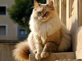 majestoso gato com impressionante azul olhos sentado regiamente em uma Escadaria ai generativo foto