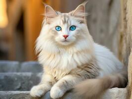 majestoso gato com impressionante azul olhos sentado regiamente em uma Escadaria ai generativo foto