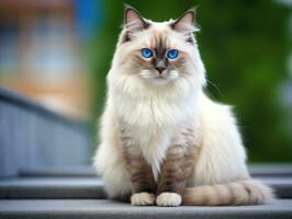 majestoso gato com impressionante azul olhos sentado regiamente em uma Escadaria ai generativo foto