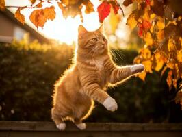 brincalhão gato rebatidas às queda outono folhas dentro uma iluminado pelo sol jardim ai generativo foto