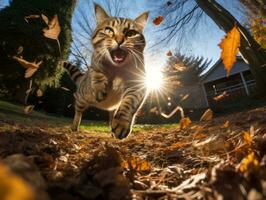 brincalhão gato rebatidas às queda outono folhas dentro uma iluminado pelo sol jardim ai generativo foto