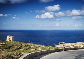 pastor na estrada perto do forte e vista da costa mediterrânea da ilha de gozo em malta foto