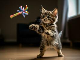 brincalhão felino saltando através a ar dentro perseguição do uma pena brinquedo ai generativo foto