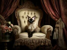 régio siamês gato posado em uma luxuoso cadeira ai generativo foto