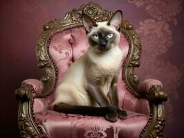 régio siamês gato posado em uma luxuoso veludo cadeira ai generativo foto