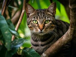 sereno gato em repouso em uma árvore ramo cercado de exuberante folhagem ai generativo foto