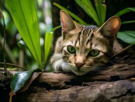 sereno gato em repouso em uma árvore ramo cercado de exuberante folhagem ai generativo foto