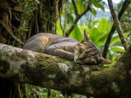 sereno gato em repouso em uma árvore ramo cercado de exuberante folhagem ai generativo foto