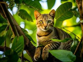 sereno gato em repouso em uma árvore ramo cercado de exuberante folhagem ai generativo foto