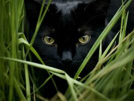 furtivo gato perseguição através alta Relva com Está olhos fixo em presa ai generativo foto