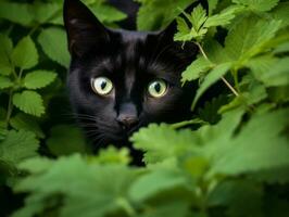 furtivo gato perseguição através alta Relva com Está olhos fixo em presa ai generativo foto