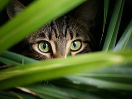 furtivo gato perseguição através alta Relva com Está olhos fixo em presa ai generativo foto