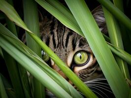 furtivo gato perseguição através alta Relva com Está olhos fixo em presa ai generativo foto