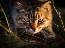 furtivo gato perseguição com Está olhos fixo em presa ai generativo foto