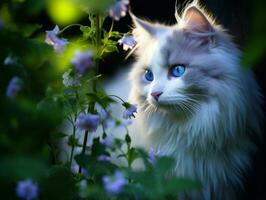 gato com uma sereno e meditativo Veja emoldurado de uma tranquilo jardim pano de fundo ai generativo foto