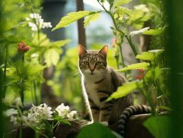 gato com uma sereno e meditativo Veja emoldurado de uma tranquilo jardim pano de fundo ai generativo foto