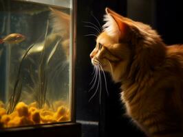 inquisitivo gato encarando para dentro a aberto peixe tanque com fascinação ai generativo foto