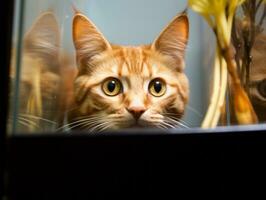 inquisitivo gato encarando para dentro a aberto peixe tanque com fascinação ai generativo foto