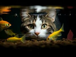 inquisitivo gato encarando para dentro a aberto peixe tanque com fascinação ai generativo foto