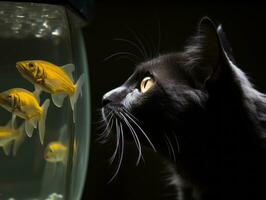 inquisitivo gato encarando para dentro a aberto peixe tanque com fascinação ai generativo foto