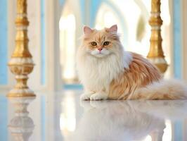 lustroso e elegante gato descansando em uma polido mármore chão ai generativo foto