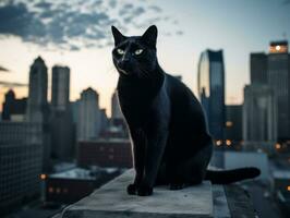 lustroso gato empoleirado em uma telhado contra a cidade Horizonte ai generativo foto