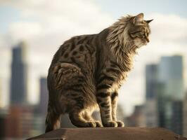 lustroso gato empoleirado em uma telhado contra a cidade Horizonte ai generativo foto