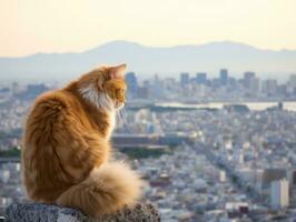 lustroso gato empoleirado em uma telhado contra a cidade Horizonte ai generativo foto