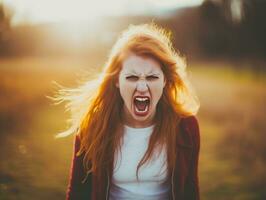 mulher do europeu aparência quem parece para estar furioso ai generativo foto