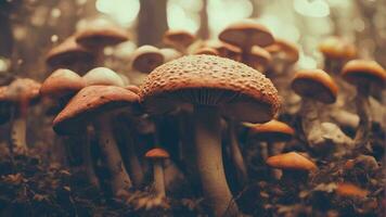 uma pequeno cogumelo dentro a floresta musgo. cogumelo. floresta cogumelo. cogumelo dentro floresta musgo gerado por IA foto