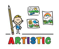 bastão figura Garoto com lápis fazer arte, rabisco desenhos, artístico, mensagem para crianças, desenho animado desenho, rabisco arte, gigante lápis foto