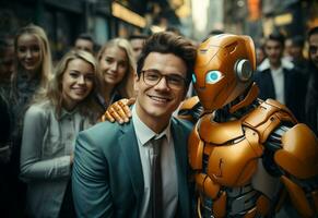 ai generativo homem dentro uma terno e gravata é levando uma selfie com uma robô foto