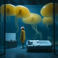 Garoto dentro amarelo calção e amarelo casaco carrinhos dentro quarto com azul paredes. conceptual imagem. medusas aguentar a partir de acima. Rapazes cabeça é Além disso em forma gostar uma medusa. - ai gerado foto