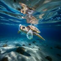 tartaruga com plástico peça embaixo da agua - ai gerado foto