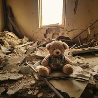 devastado sala, solitário Urso de pelúcia - ai gerado foto