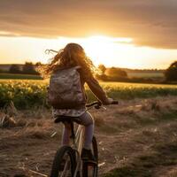 cabelo encaracolado menina ciclismo às pôr do sol - ai gerado foto