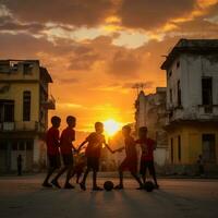 Rapazes jogando futebol às pôr do sol - ai gerado foto