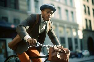 homem vestido dentro clássico terno com bicicleta. gerar ai foto