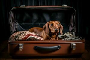curioso cachorro sentar às aberto mala. período de férias viagem foto