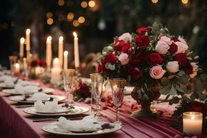 uma belas conjunto jantar mesa com elegante pratos e tremeluzente velas. ai gerado foto