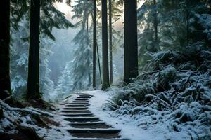 uma sereno inverno caminho dentro uma Nevado floresta. ai gerado foto