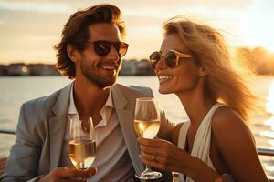 uma casal desfrutando uma vidro do vinho junto. ai gerado foto