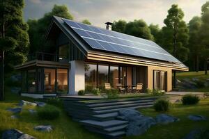 uma casa com uma solar painel em a teto. ai gerado foto