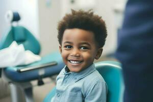 uma jovem Garoto sentado dentro uma dentista cadeira. ai gerado foto