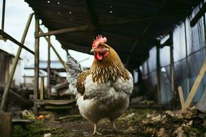 uma Castanho e branco frango em pé em sujeira chão. ai gerado foto