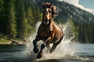 uma cavalo corrida através uma corpo do água. ai gerado foto