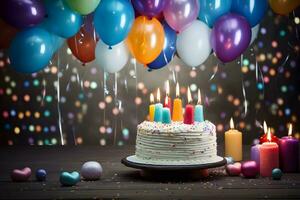 uma colorida aniversário bolo com aceso velas e festivo balões. ai gerado foto