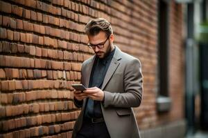 uma o negócio homem dentro uma terno olhando às Smartphone. ai gerado foto